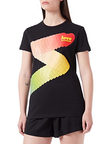 Love Moschino Slim fit t-Shirt in Cotton Jersey withmulticolor Hearts Trail Print. Camiseta, Negro, 40 para Mujer