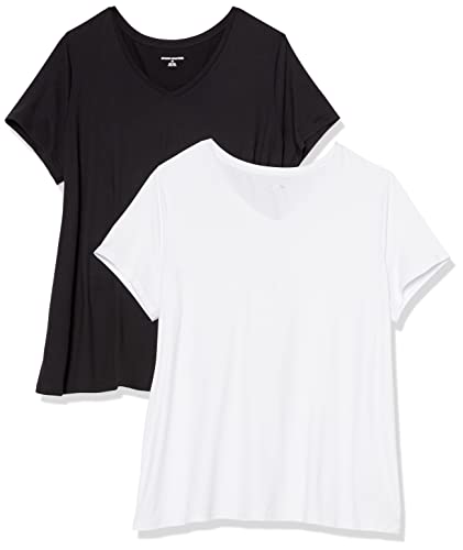Amazon Essentials Camiseta técnica elástica de Manga Corta y Cuello en Pico (Disponible en Tallas Grandes) Mujer, Pack de 2, Blanco/Negro, XXL