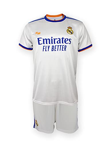 Real Madrid Conjunto niño Camiseta y Pantalón 1ª EQ. Temporada 2021-22 - Producto con Licencia - 100% Poliéster - Dorsal Liso - Talla niño 12 años
