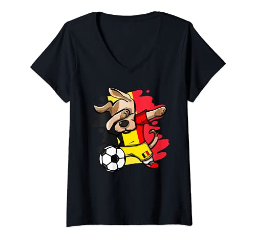 Mujer Divertido Dabbing Perro Fútbol de Bélgica Bandera de Bélgica Camiseta Cuello V