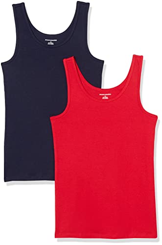 Amazon Essentials Camiseta ajustada sin mangas Mujer, Pack de 2, Rojo/Azul Marino, L