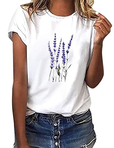 heekpek Camiseta Manga Corta Mujer Blanca Basicas T-Shirt Mujer Algodon Casual Cuello Redondo Camiseta de Verano con Estampado, Lavanda, L
