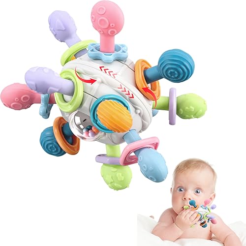 Juguete de pelota para bebé, juguetes sensoriales para la dentición, anillo de dentición de silicona, juguete educativo temprano Montessori, sonajero para bebé, regalo para bebés de 3 a 18 meses.