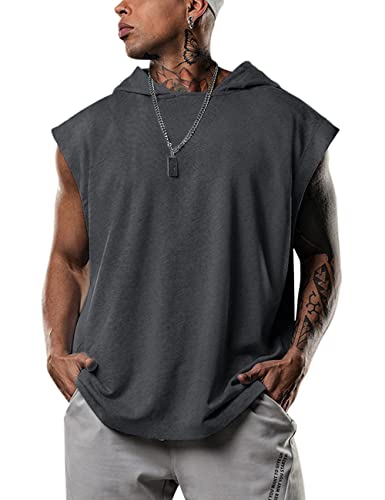 Lomon Camiseta sin mangas para hombre con capucha para muscular, entrenamiento, fitness, con capucha, Color gris oscuro., L