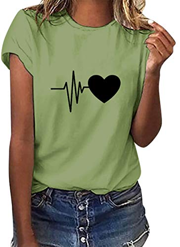 heekpek Camisetas Mujer Verano Manga Corta Casual Camiseta Holgada Estampado con Amor y Smile T-Shirt Mujer Multicolor Short Sleeve Shirt, Aceituna, XL