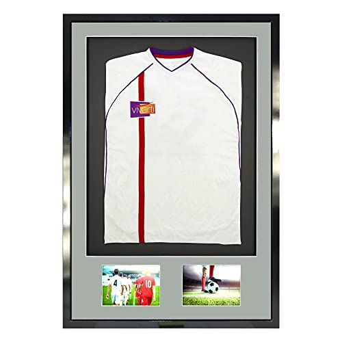Vivarti Marco de exhibición de camiseta deportiva para camiseta de fútbol, camiseta de rugby, 61 x 91,5 cm, marco negro brillante, soporte plateado, tarjeta de respaldo negra
