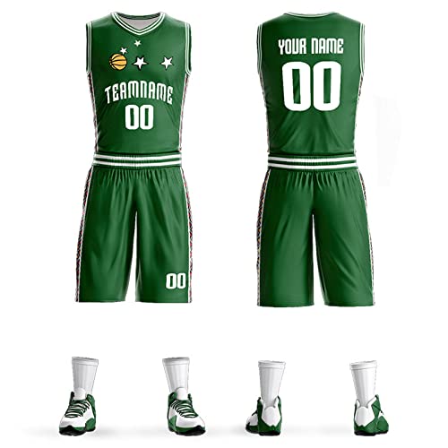 kegeles Trajes de baloncesto personalizados para personalizar tu propio nombre, número, camisetas de baloncesto para hombres, mujeres y niños, Verde Y Blanco, S