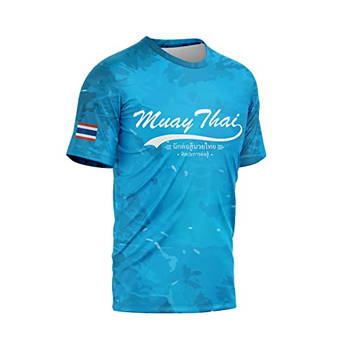 TAO Camiseta de Muay Thai T-Shirt de Artes Marciales Camisa de Secado Rápido Manga Corta Cuello Redondo Respirable(Muay Thai Azul, Talla S)
