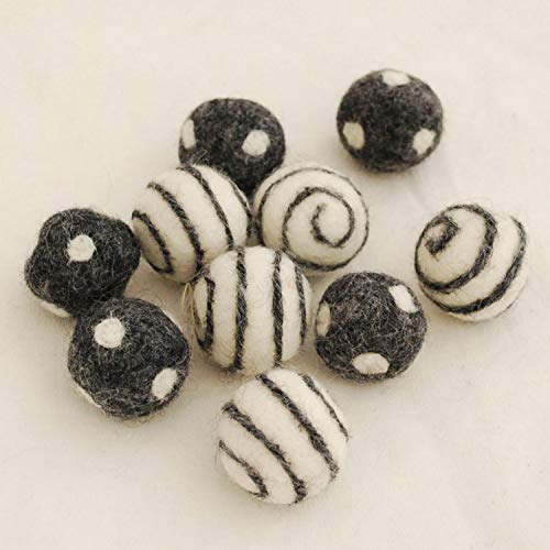 Pelotas de fieltro 100% lana, 10 unidades, mezcla de color gris oscuro - 2,5 cm, 5 Polka Dots & 5 Swirl Felt Balls