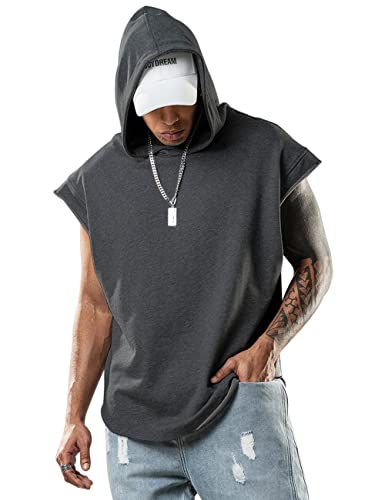 Lomon Camiseta sin mangas para hombre con capucha para muscular, entrenamiento, fitness, con capucha, Color gris oscuro., L