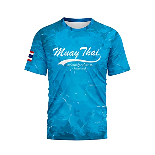 TAO Camiseta de Muay Thai T-Shirt de Artes Marciales Camisa de Secado Rápido Manga Corta Cuello Redondo Respirable(Muay Thai Azul, Talla S)
