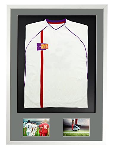 Vivarti Marco de exhibición de camiseta deportiva para camiseta de fútbol, camiseta de rugby, 61 x 91,5 cm, marco blanco brillante, soporte plateado, tarjeta de respaldo negra