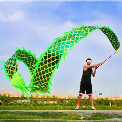 Cinta de danza del dragón, cinta de danza del dragón, 20 26 33 pies de largo, serpentina tradicional china de doble cara for práctica en el parque, fitness giratorio fluido con pelota (color: rojo, ta